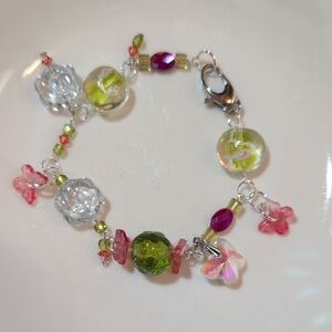 Handmade Floral Butterfly Czech Glass & Swarovski Beaded charm Bracelet 7"